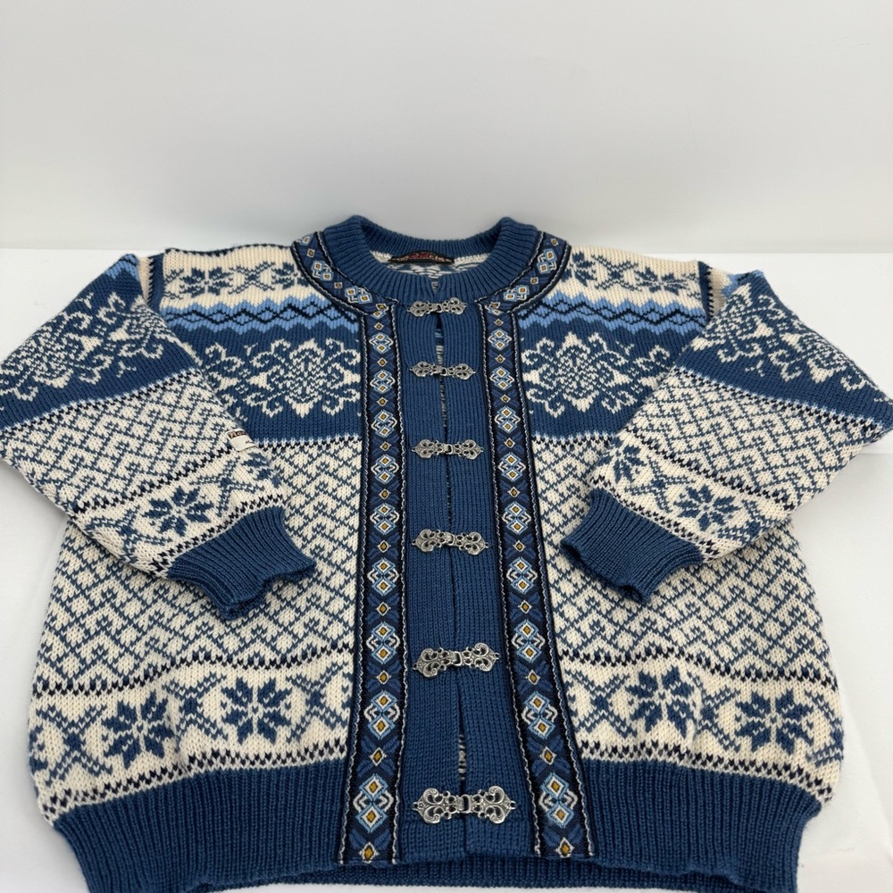 Nordstrikk Sweater Womens XS Blue Wool Cardigan Pewter Clasps Made Norway